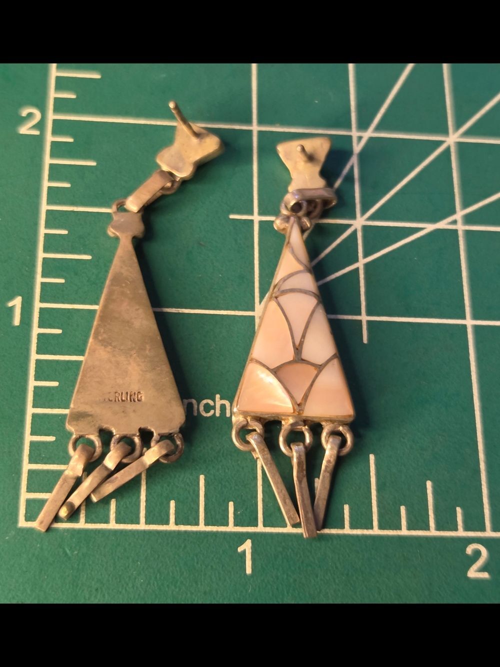 Vintage .925 Sterling Silver Pink Mother-of-Pearl Triangle Drop Earrings - Picture 3 of 3
